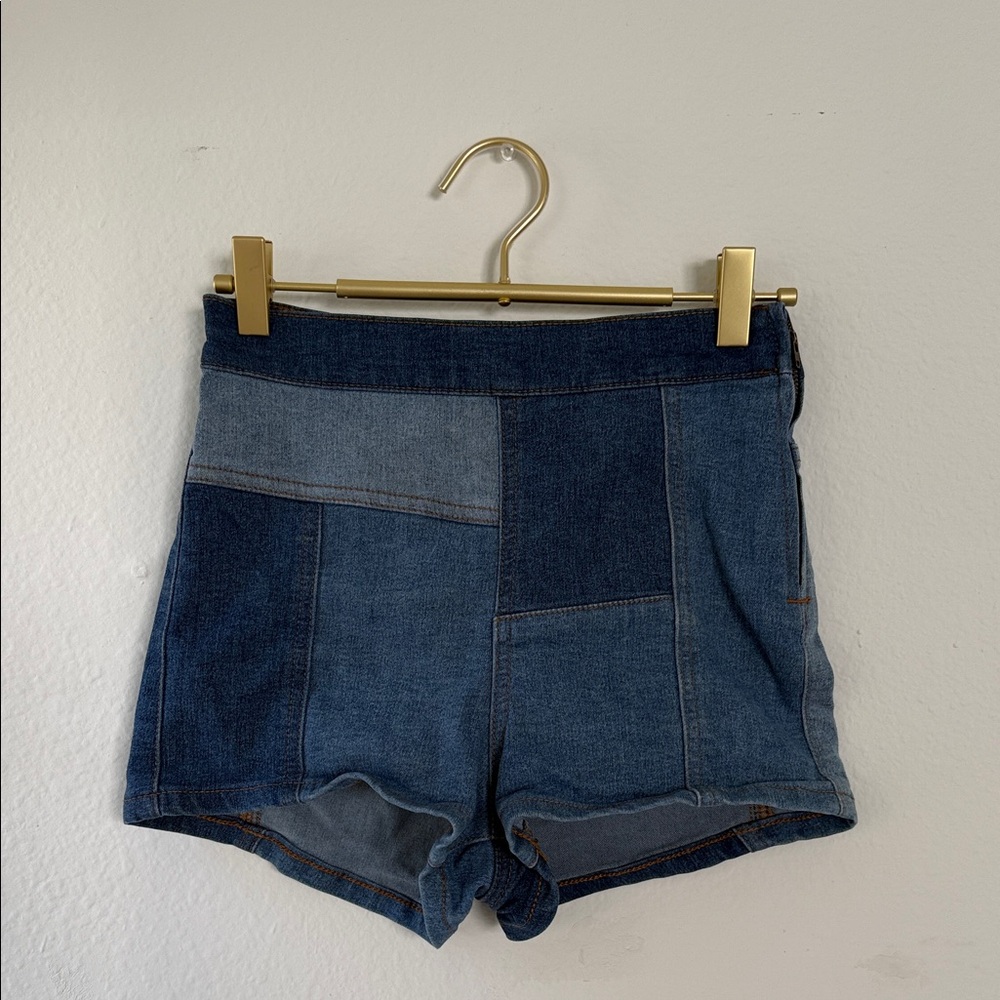 Free People Blue Patchwork Jean Shorts